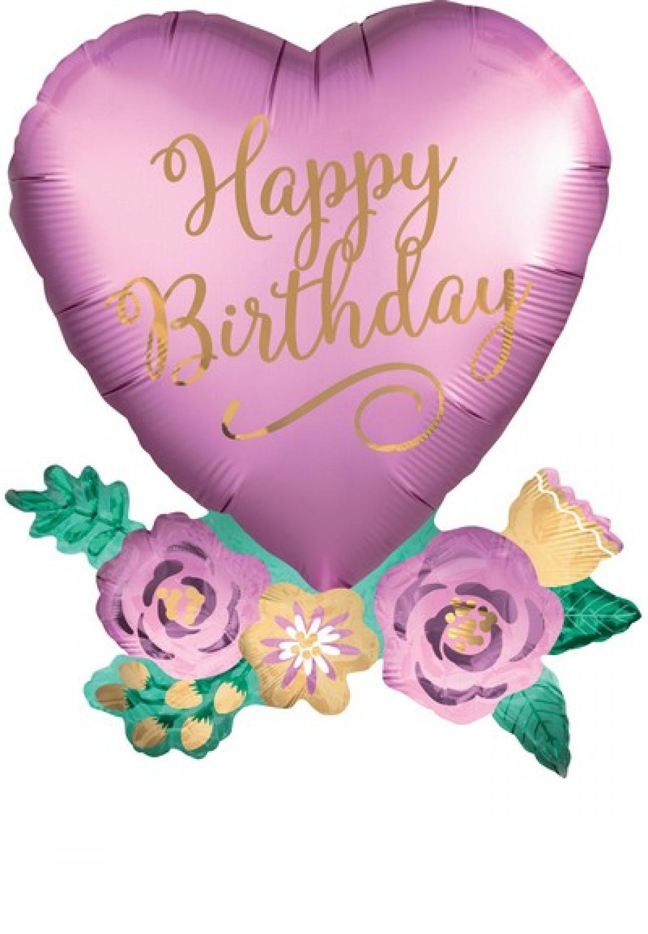 Pallone foil Supershape 58 x 76 cm Satin Heart with Flowers Happy B-day