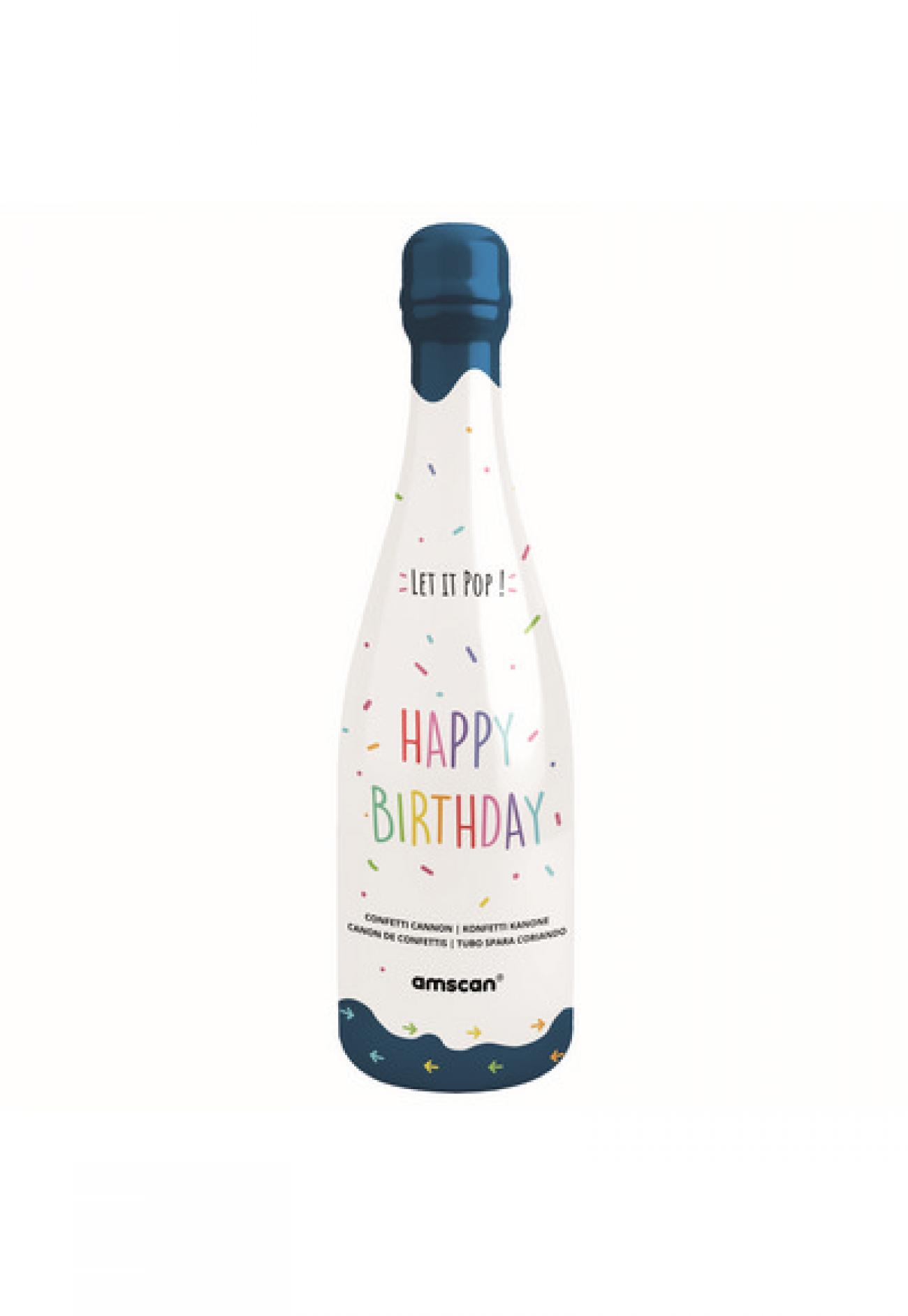 Bottiglia spumante spara coriandoli H. 32 cm Happy Birthday blu