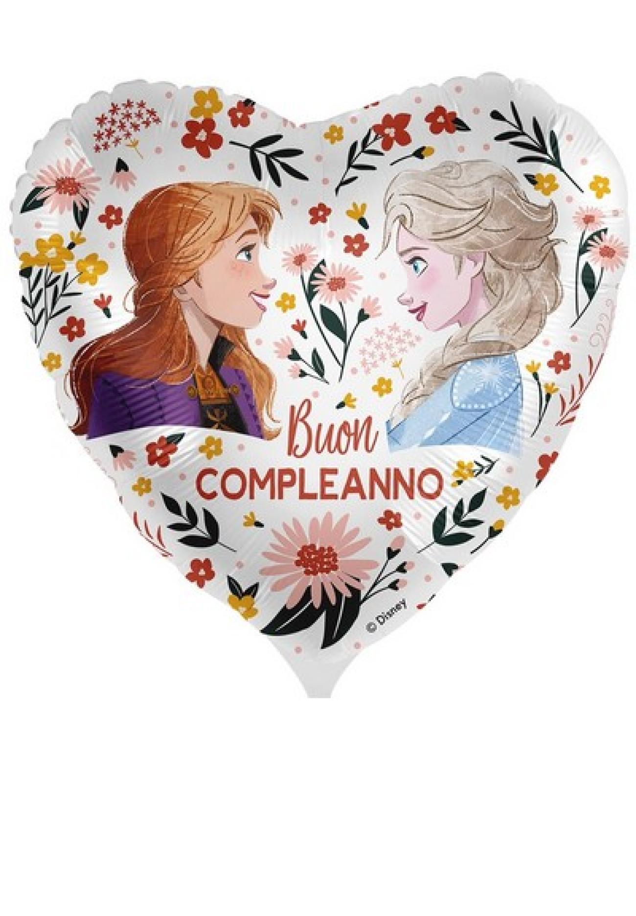 Pallone foil cuore 17" - 42 cm Buon Compleanno Frozen Elsa & Anna floreale