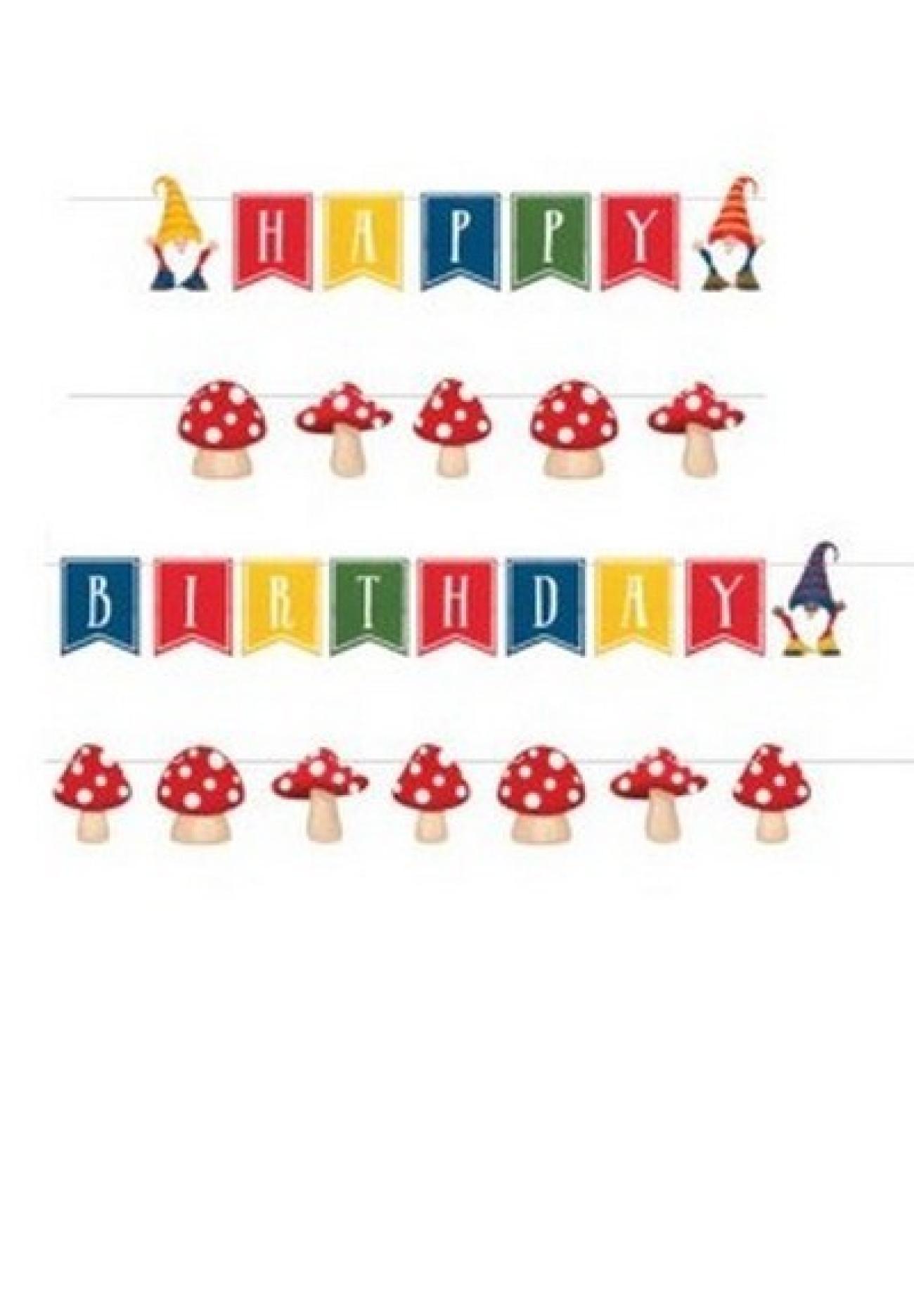 Set 2 festoni assortiti 246 x 13 cm Happy Birthday funghi Gnomi - 2 pezzi