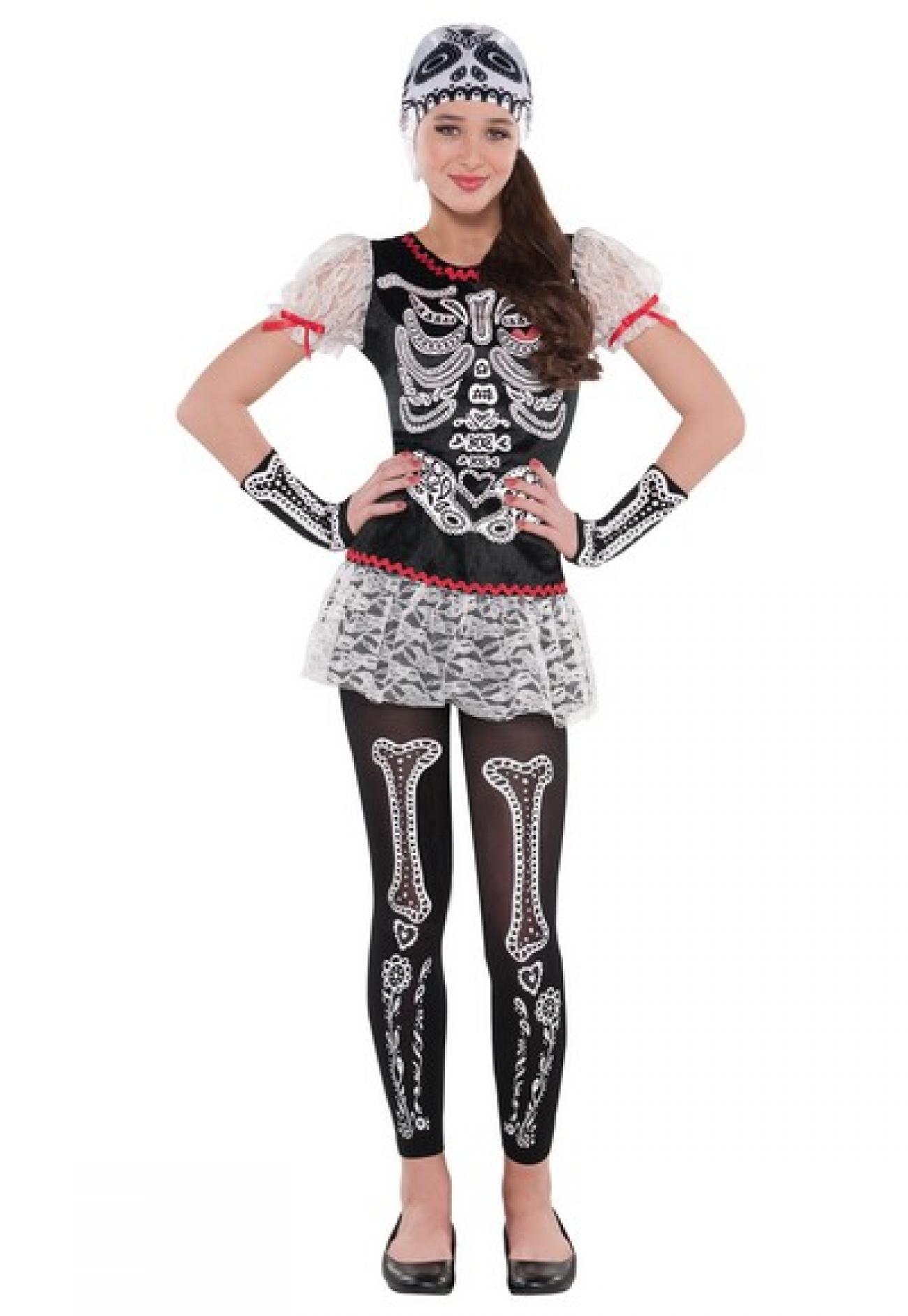 Costume Sassy Skeleton 14-16 anni. Contiene: Vestito, cappello, maniche, leggins