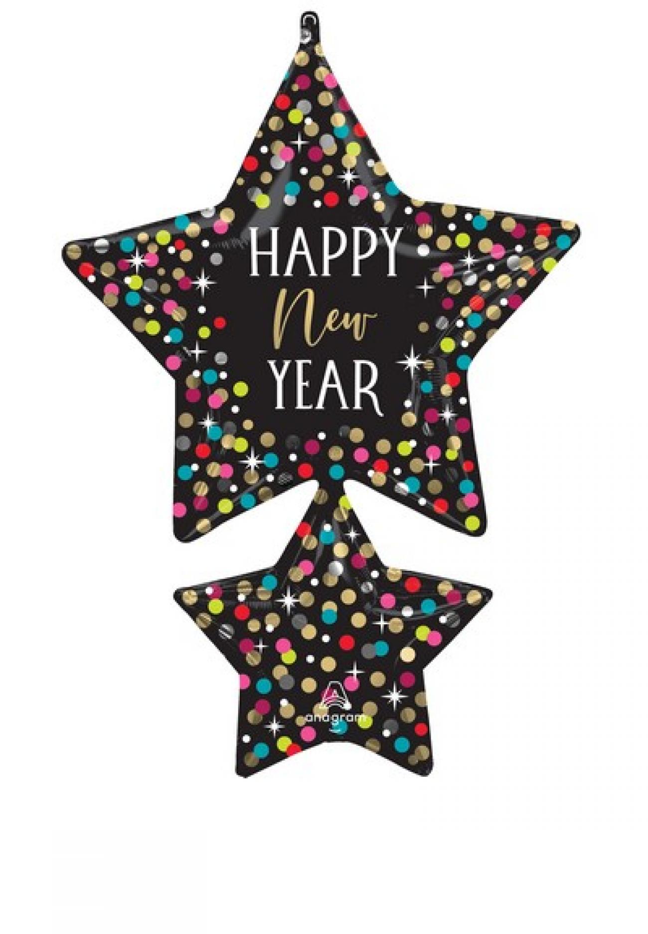 Pallone foil Supershape 66 x 93 cm Happy New Year Colorful Confetti Stars