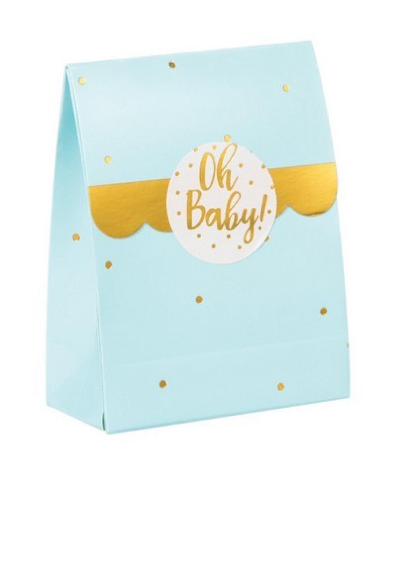 Loot bag in carta azzurra 11 x 9 cm con adesivo da applicare "Oh Baby!" - 8 pezzi