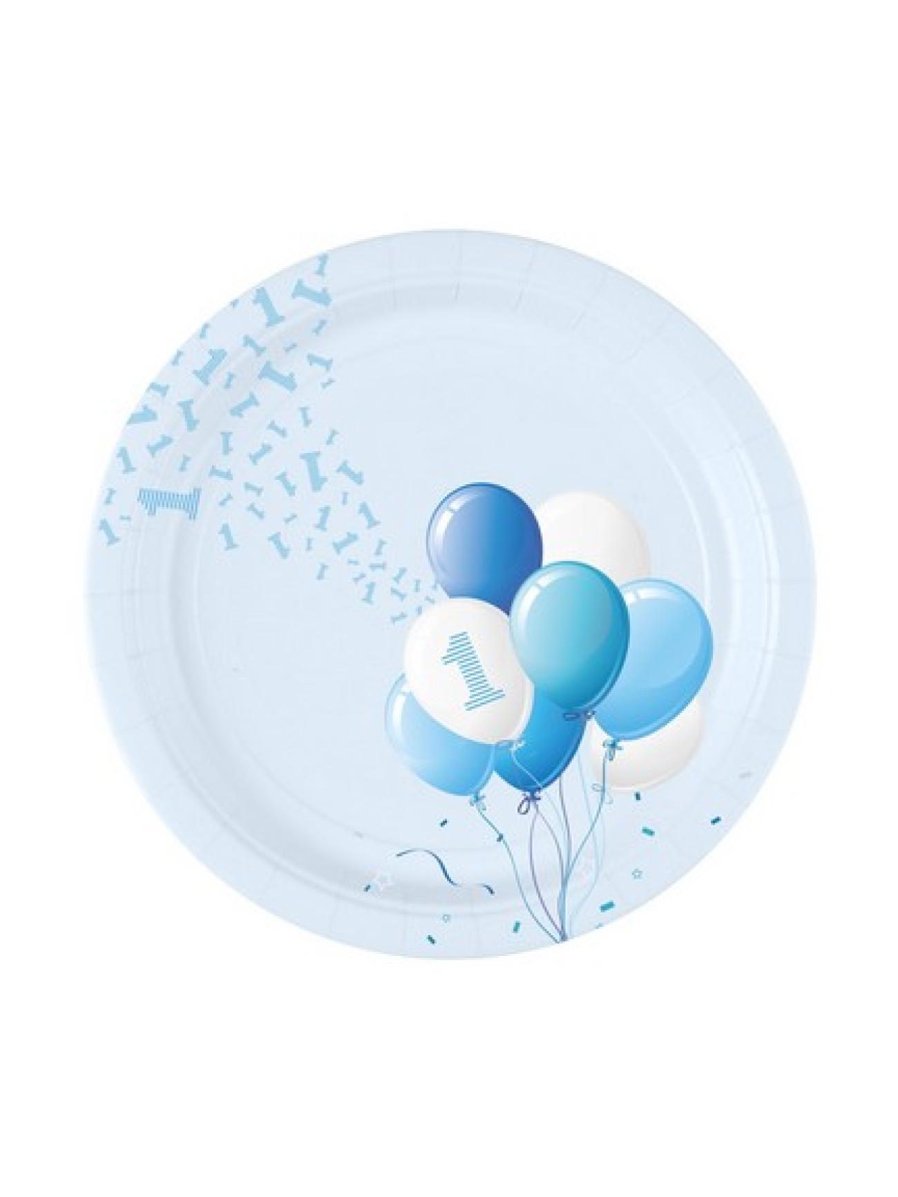 Piatto carta ? 18 cm 1 Compleanno Palloncini Azzurro - 8 pezzi