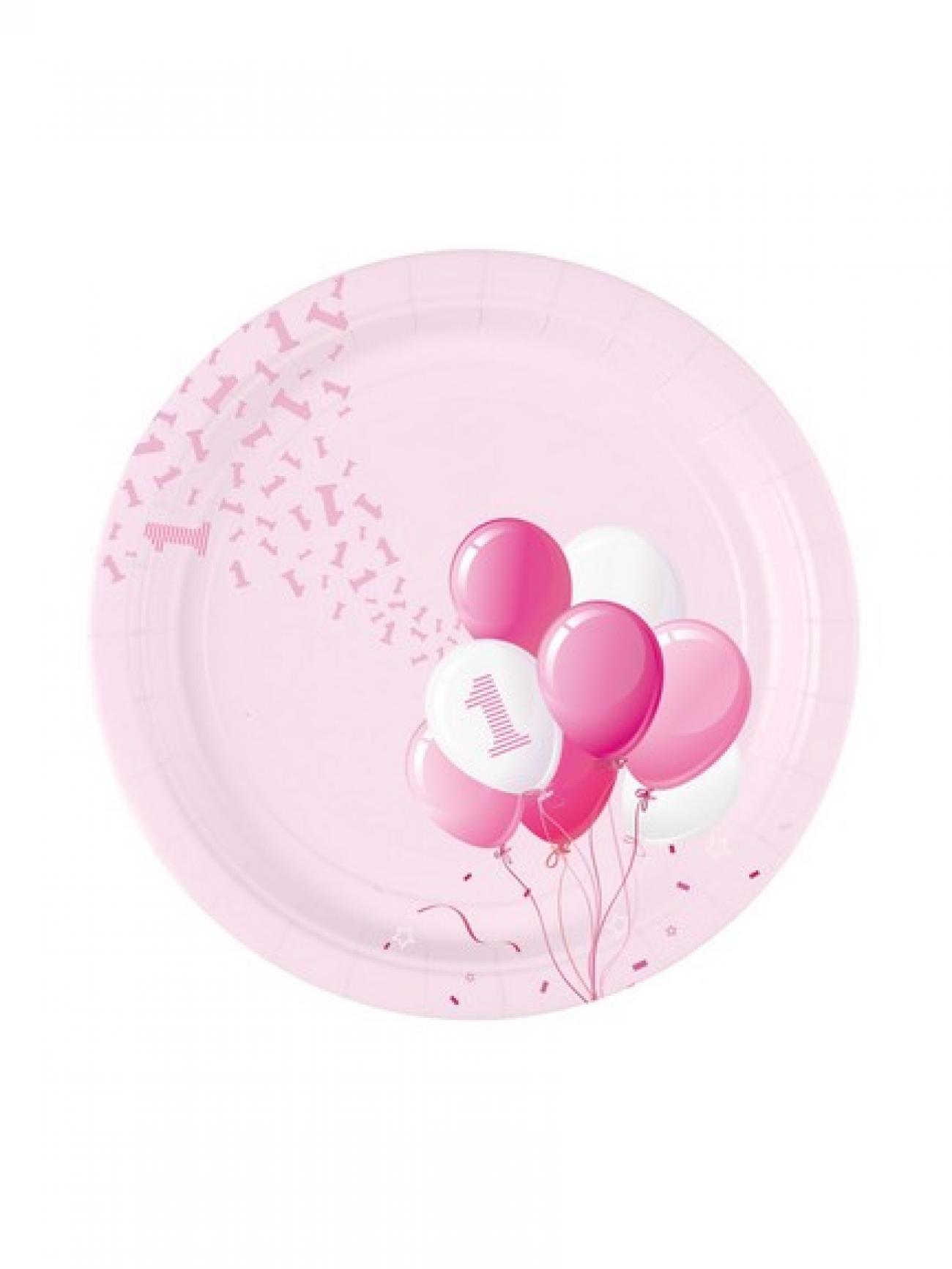 Piatto cm.18  1 Compleanno Palloncini Rosa 8 pz