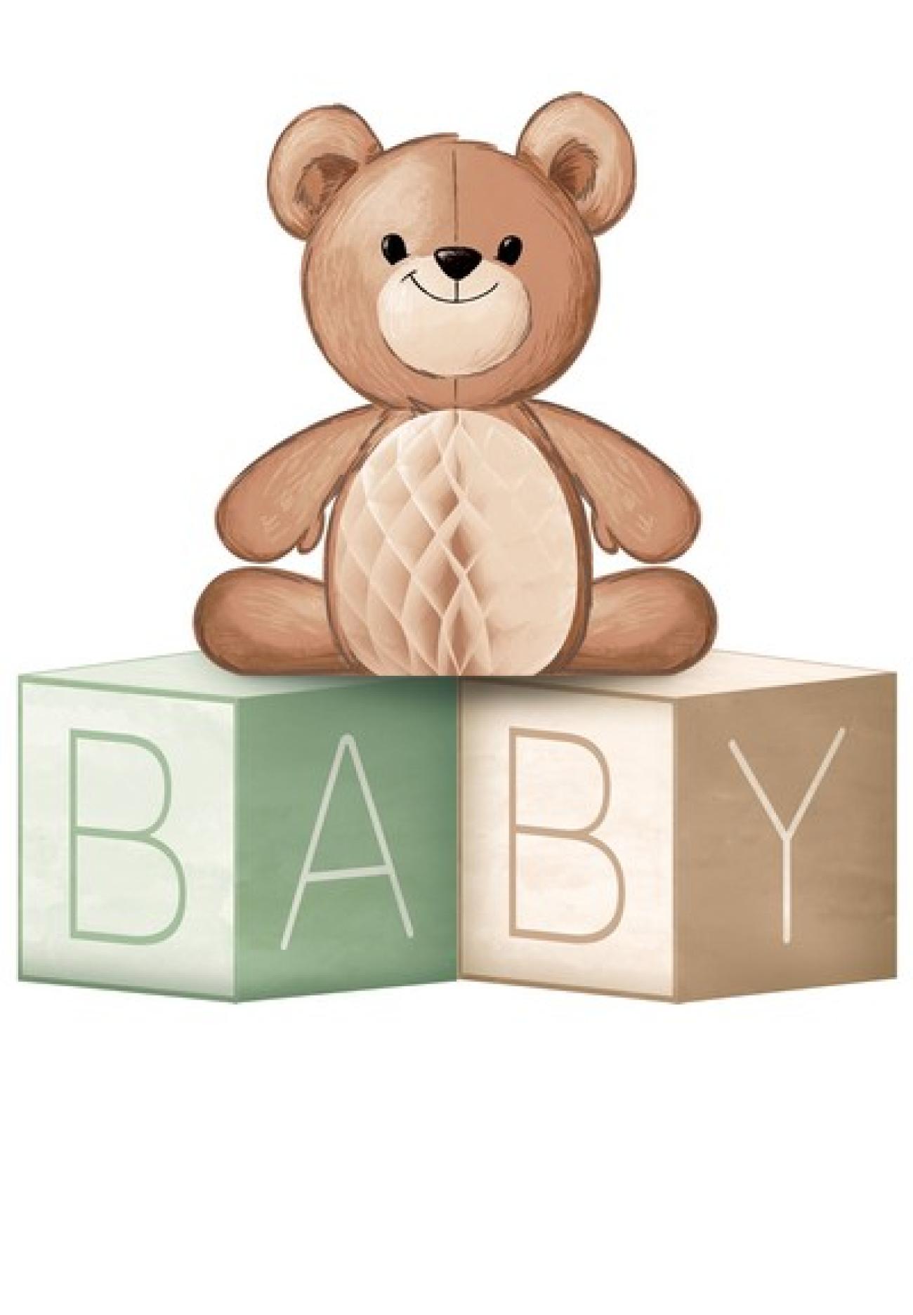 Centrotavola BABY blocks 15 x 15 cm con Teddy Bear nido d'ape h. 23 cm