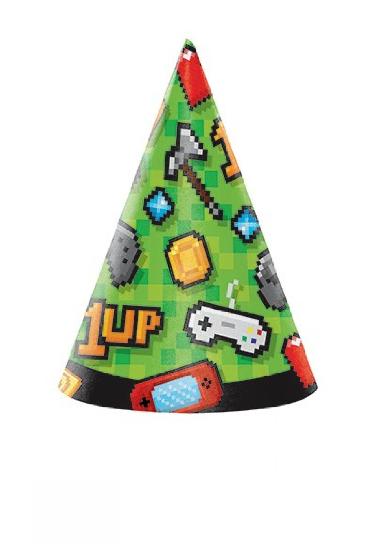 Cappello carta a cono 16 x 11 cm Videogame - Gaming Party  8 pz