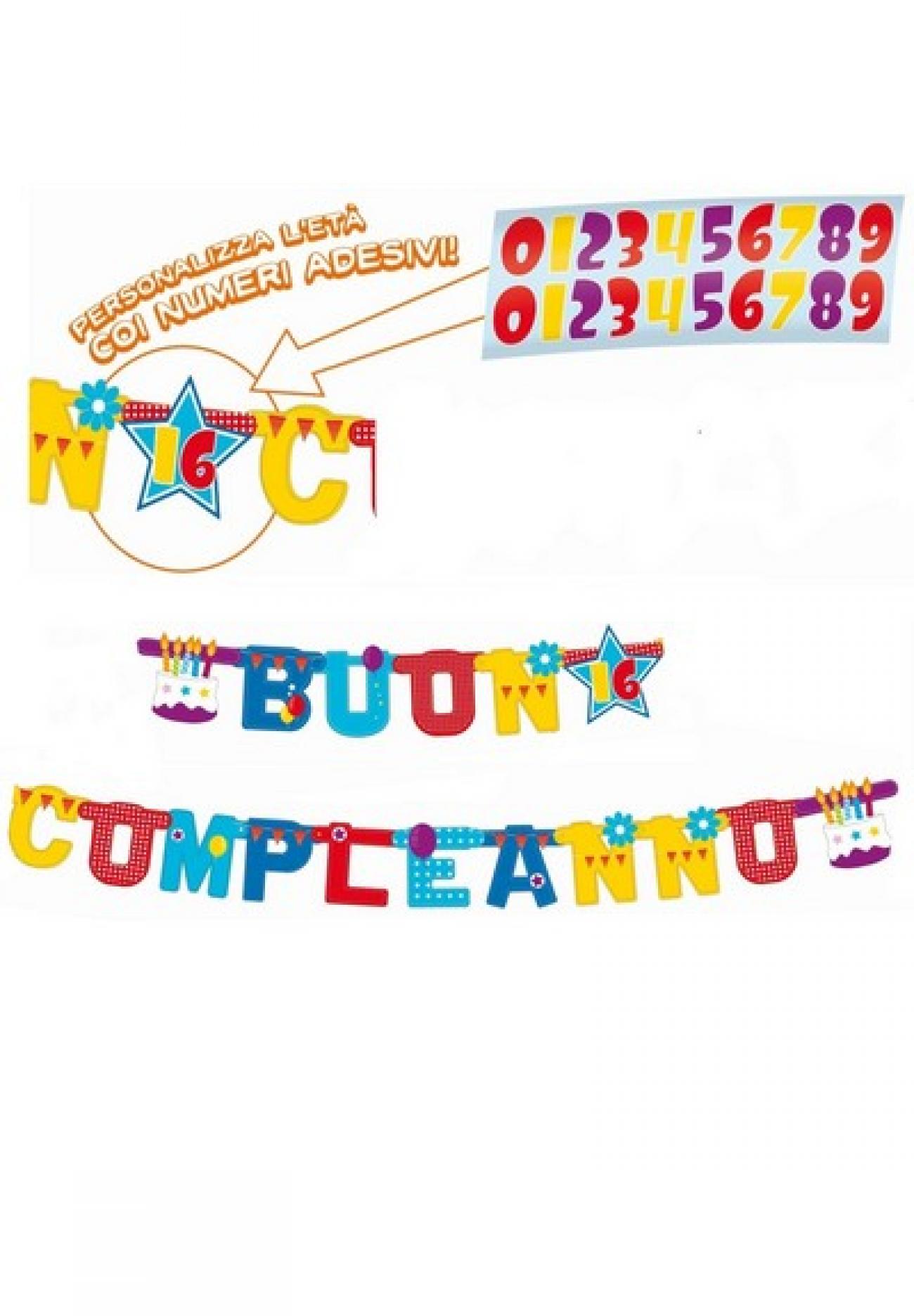 Festone Buon Compleanno Torta XL personalizzabile con adesivi 250 x 15 cm