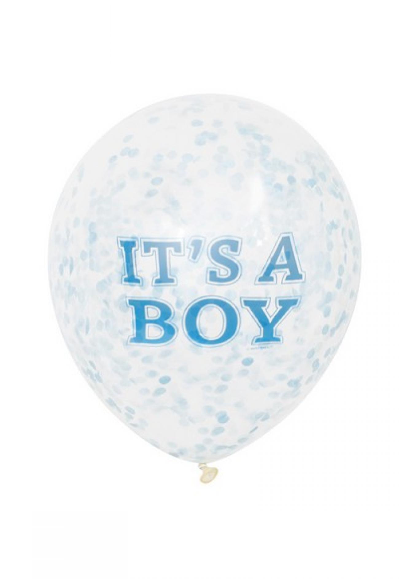 Pallone lattice 12" - 30 trasparente con confetti azzurri It's a Boy 6 pz