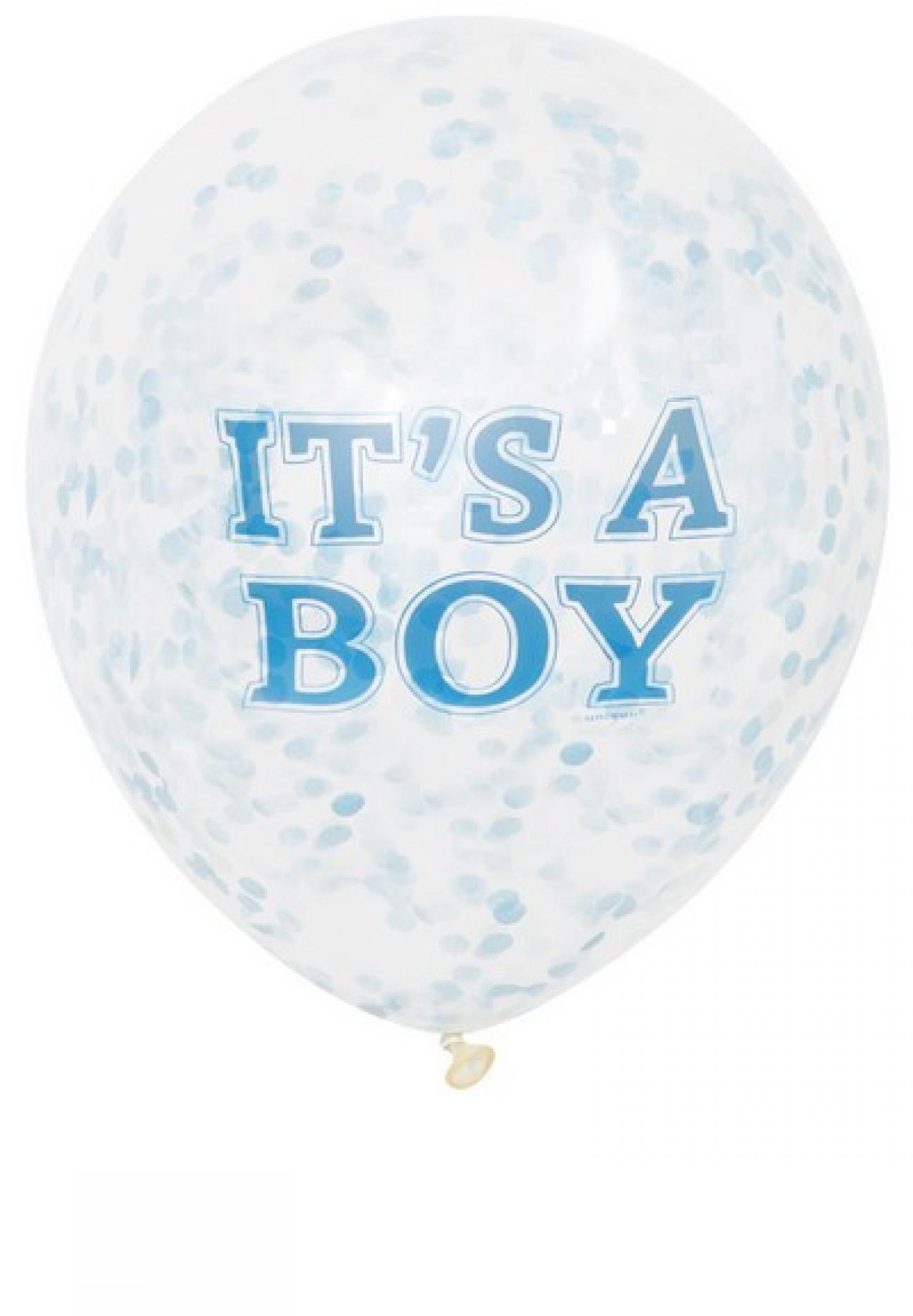 Pallone lattice 12" - 30 trasparente con confetti azzurri It's a Boy 6 pz