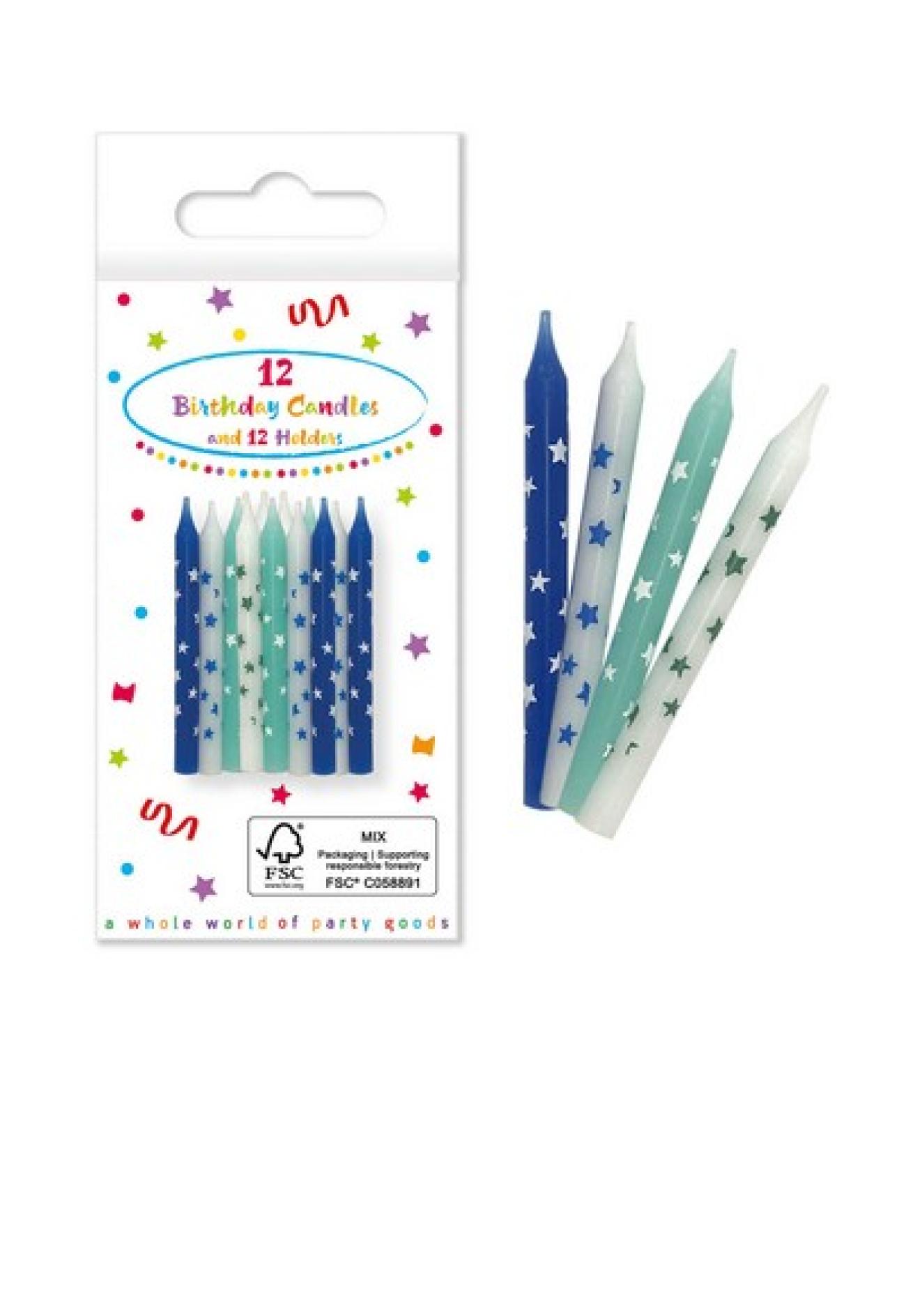 Set 12 candele azzurre con supporto in scatola di carta FSC - 12 pezzi