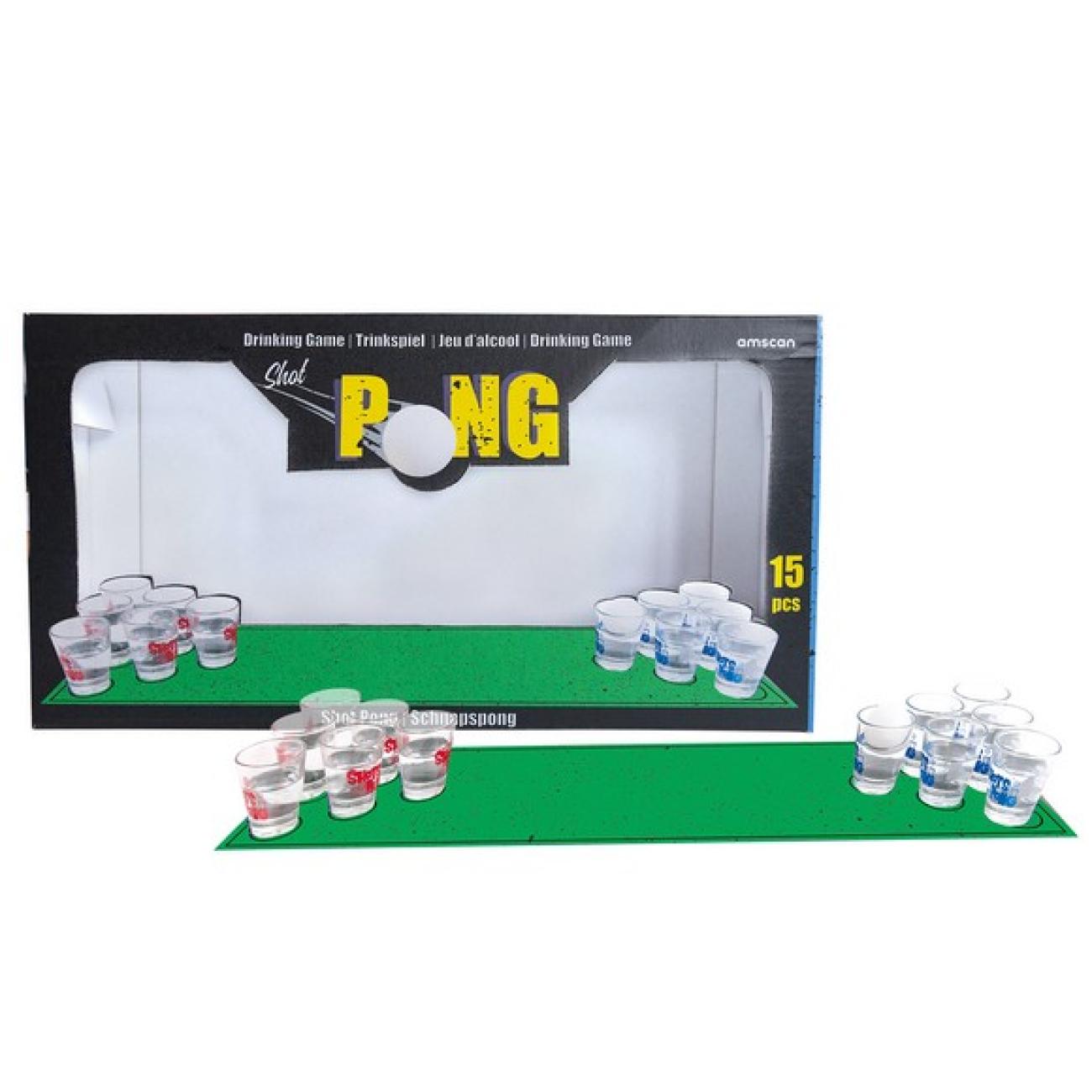 Drinking Game - Shot Pong set 12 bicch. vetro, 1 tappetino, 2 palline plastica - 15 pezzi