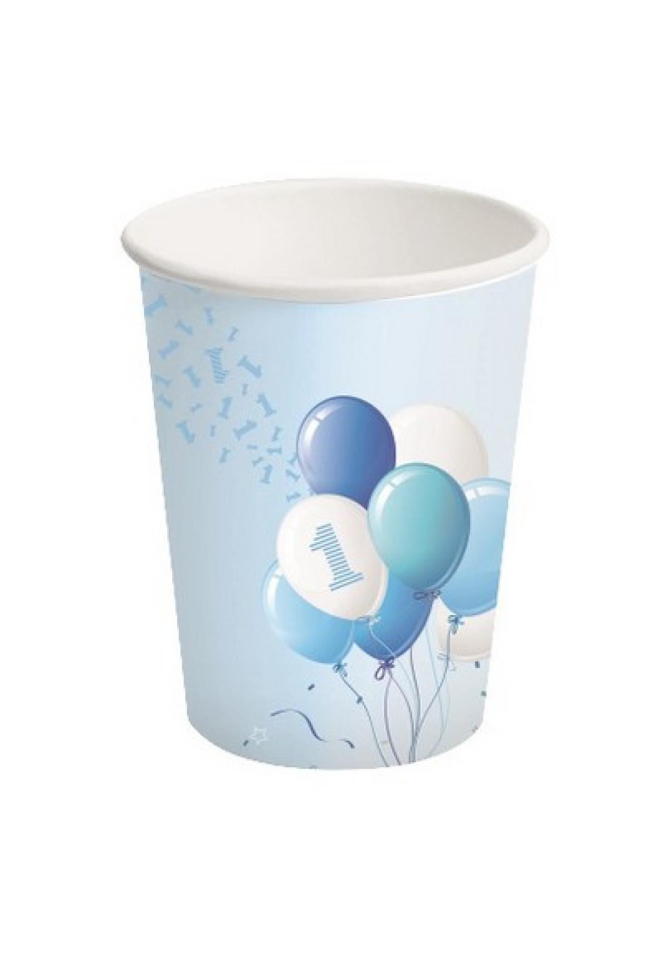 Bicchiere carta 250 ml 1 Compleanno Palloncini Azzurro - 8 pezzi