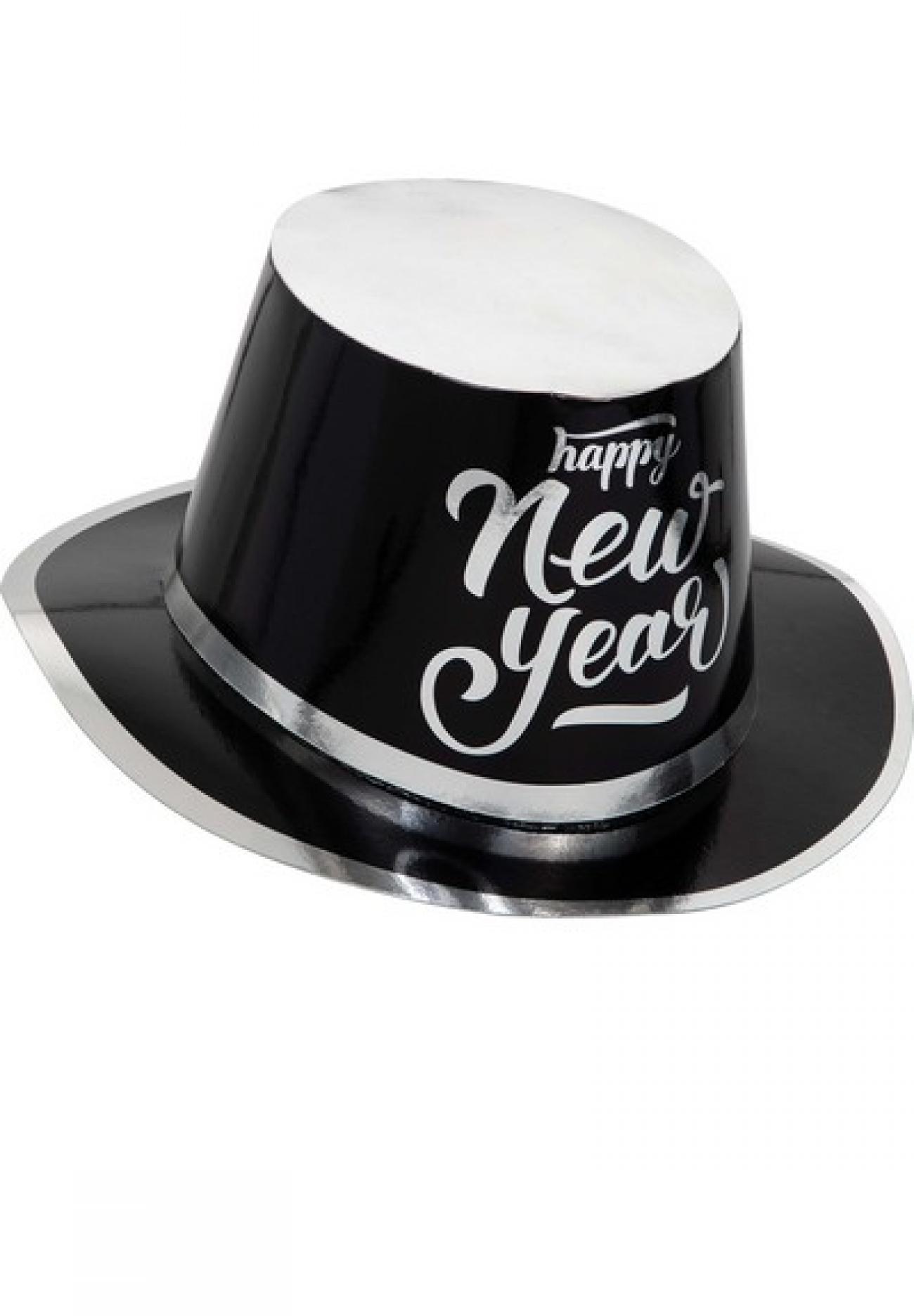 Cappello cartoncino 26 x 12 cm Happy New Year Argento/Nero